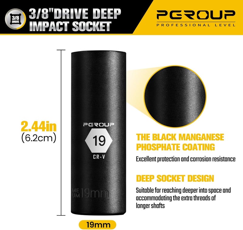 pgroup 3/8” Drive Deep Impact Socket, Metric(19mm socket), 6-Point, Cr-V Steel With Black Manganese Phosphate Coating - Image 2